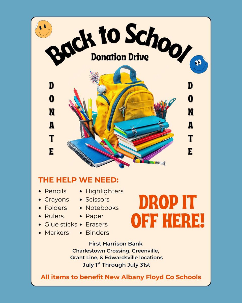 FirstHarrison's tweet photo. Help us fill local classrooms!

Now through July 31, we're collecting school supplies at our Charlestown Crossing, Greenville, Grant Line, and Edwardsville locations. Donations will benefit New Albany Floyd County Schools and help students start the year ready to learn. https://t.co/ri9fYquqbw