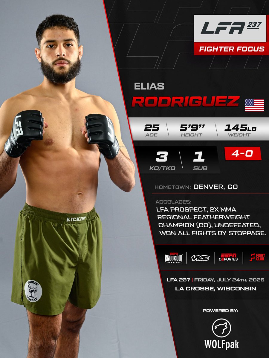 LFAfighting's tweet photo. #LFAFighterFocus Elias Rodriguez ๐บ๐ธ
Drop a comment if you are excited to see top prospect inside the #LFAOctagon
Powered by: @WOLFpaktrust
๐ฒ @VICETV @ESPNKnockout @ESPNDeportes ๐ #LFA237 https://t.co/iLbSKd4pJk