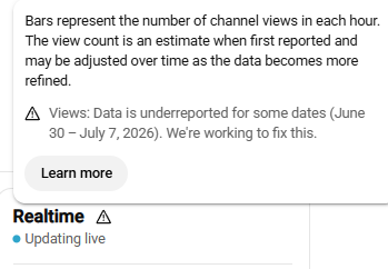 AndreaFunaro's tweet photo. @TeamYouTube I've been in this situation for more than two tweeks now: all my new videos, from June 26 onwards got almost no organic impressions and views. Errors appearing everywhere, with the date extending every day. I have to stop posting until you confirm this is fixed. https://t.co/x9MpaCNlUf
