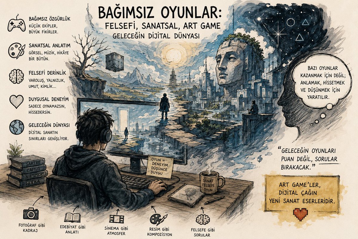 ertugrulcakma's tweet photo. Geleceğin bağımsız oyunları sadece oynanmayacak; düşündürecek, sorgulatacak ve hissettirecek. 🎮✨
Art game'ler, dijital çağın yeni sanat eserleri olmaya aday.
#IndieGame #ArtGame #OyunSanatı https://t.co/fM9O7GS9St