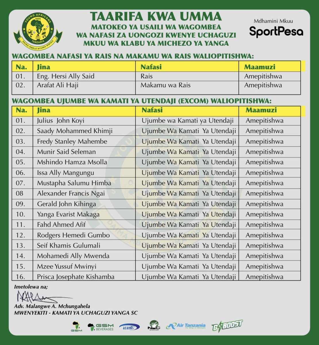 YoungAfricansSC's tweet photo. TAARIFA KWA UMMA 

#TimuYaWananchi
#DaimaMbeleNyumaMwiko https://t.co/d6uNY1Xpvk