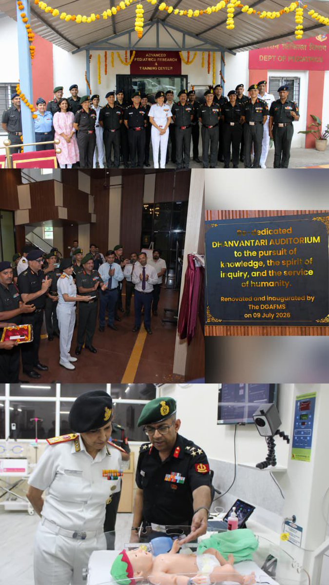 dgafms_mod's tweet photo. Surg VAdm Arti Sarin, #DGAFMS, inaugurated a series of academic, research and institutional initiatives at #AFMC Pune on 09 July 2026, reaffirming the #AFMS commitment to advancing medical education, research, innovation and institutional capacity. The initiatives included “Abhyas” (Advanced Pediatrics Research & Training Centre), “Vishleshan” (Biostatistical Laboratory), the Physiology Museum, “Prabandhan” (Museum of Hospital Administration) and the renovated Dhanvantari Auditorium, collectively strengthening #AFMC’s ecosystem for education, research, innovation and institutional excellence while reinforcing its position as a premier centre of excellence in military medicine and healthcare. 

@DefenceMinIndia
@adgpi
@indiannavy
@IAF_MCC 
@HQ_IDS_India 
@SpokespersonMoD 
@IaSouthern
@PIB_India
@PRODefPune

#DGAFMS
#AFMC