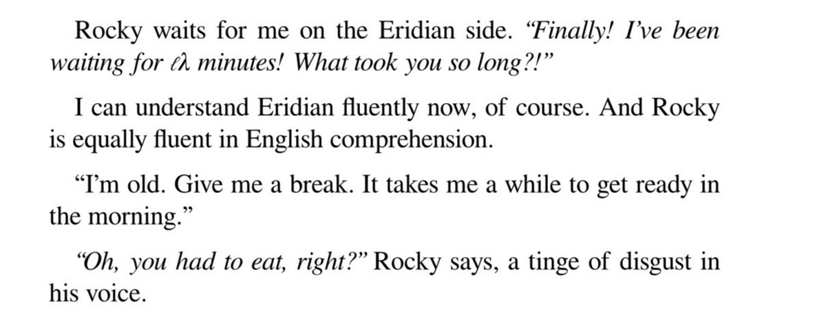 tenfescue's tweet photo. i kind of wish movie rocky talked like he did at the end of the book, because i like how it shows that grace is finally fluent in eridian after spending so much time with rocky and on erid.

little show of character development i liked a lot yk https://t.co/bBNn6WnTLQ