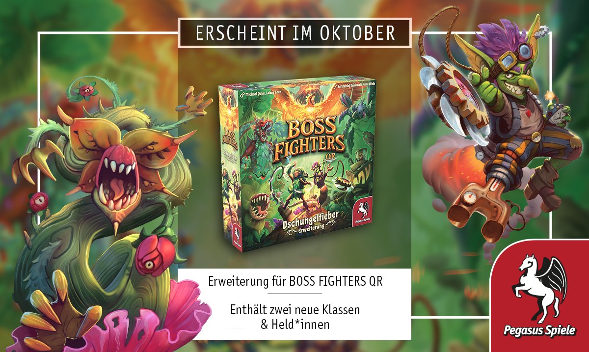 pegasusspiele's tweet photo. Ihr habt sehnlichst darauf gewartet &amp; nun ist es so weit: Wir freuen uns ankündigen zu können, dass BOSS FIGHTERS QR eine Erweiterung erhält! Im Oktober erscheint BOSS FIGHTERS QR DSCHUNGELFIEBER! Freuen könnt ihr euch auf zwei neue Helden &amp; Klassen sowie fünf fiese neue Bosse. https://t.co/9vXTOrqQ47