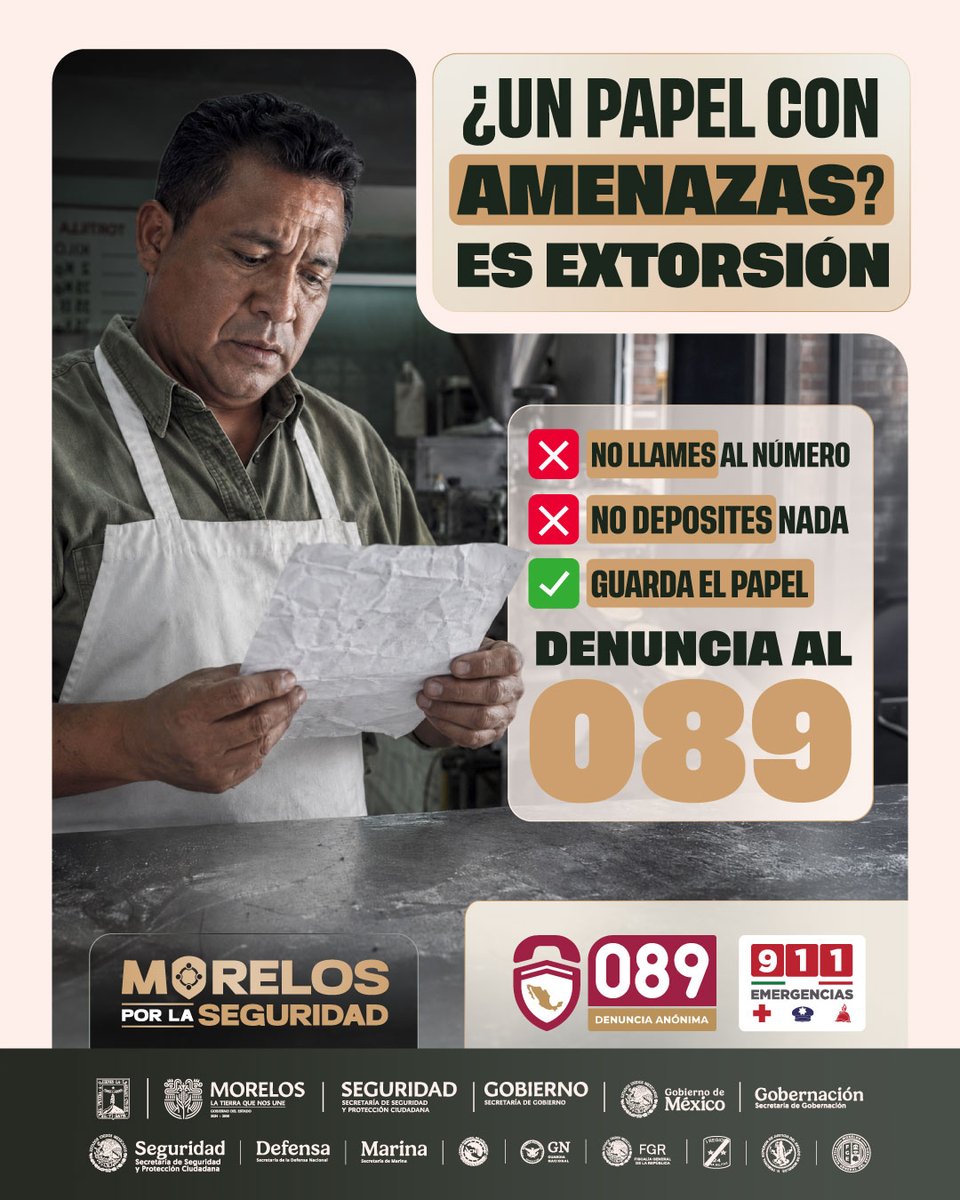 GobiernoMorelos's tweet photo. La prevención comienza con la información. Si recibes comunicaciones sospechosas en las que te soliciten dinero o datos personales, no proporciones información y reporta los hechos de forma anónima al 089.

#MorelosPorLaSeguridad https://t.co/Jmu7oqXzM2