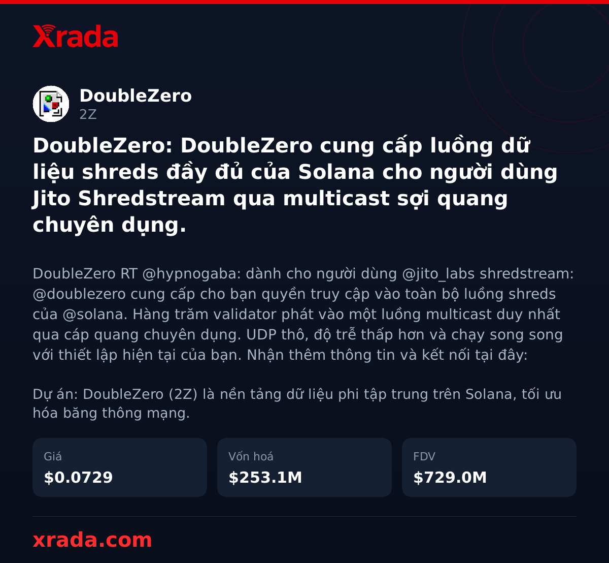 Xrada_com's tweet photo. DoubleZero mở khóa toàn bộ luồng shreds Solana cho người dùng Jito Shredstream qua sợi quang chuyên dụng 🚀
#DoubleZero #2Z #Solana #Jito #Shredstream #Crypto #TinTucCrypto https://t.co/gD8H2BCITS