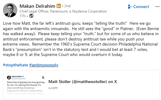 BBenedict33's tweet photo. Paramount's top lawyer is upping the ante - still talking about Graham Platner, but now threatening to overturn Philadelphia National Bank, which holds that mergers to a 30% market share are presumptively anticompetitive. 

Not a good sign if you need to overturn the law to merge https://t.co/W1fDiCyyDz