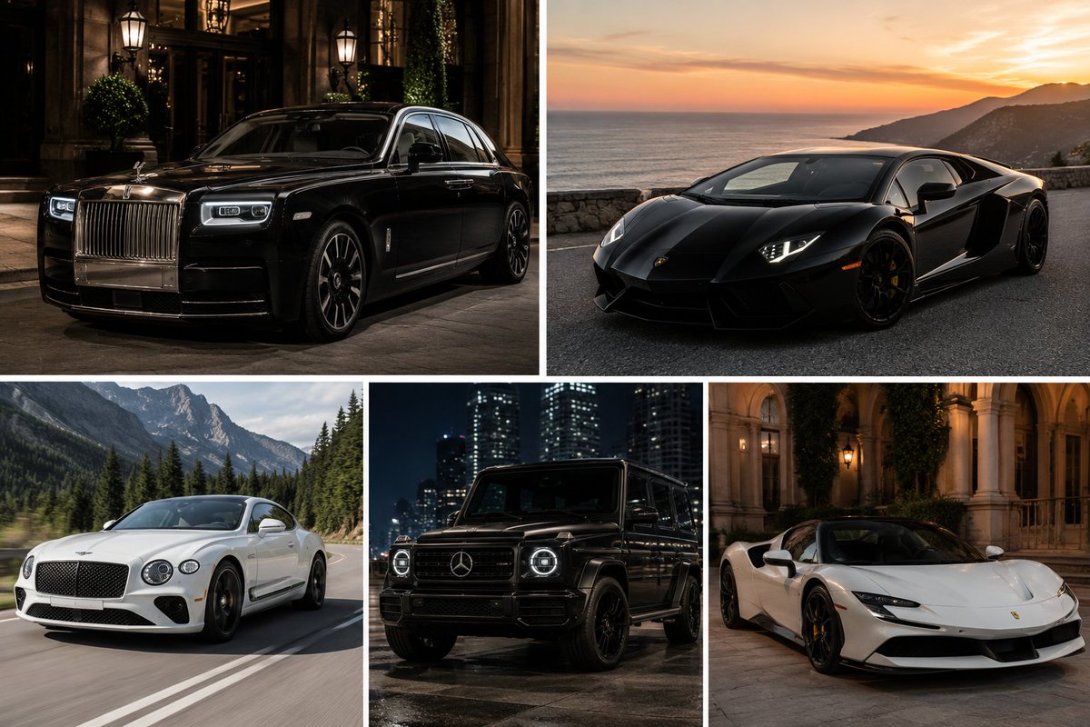 0xfunnyx's tweet photo. Your dream car:

1. Rolls-Royce Phantom (black luxury sedan)

2. Lamborghini Aventador (black supercar)

3. Bentley Continental GT (white grand tourer)

4. Mercedes-Benz G-Class (G-Wagon) (black SUV)

5. Ferrari 296 GTB (white sports car) https://t.co/akakaDcYE6