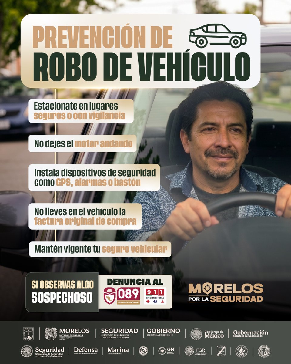 GobiernoMorelos's tweet photo. Tu seguridad y la de tu patrimonio son lo más importante. Al estacionarte o salir a realizar tus actividades, adopta estos sencillos hábitos de prevención para mantener tu vehículo seguro. 

Si observas cualquier actividad inusual, repórtala de inmediato.

#LaTierraQueNosUne https://t.co/PkXV7j1VOj