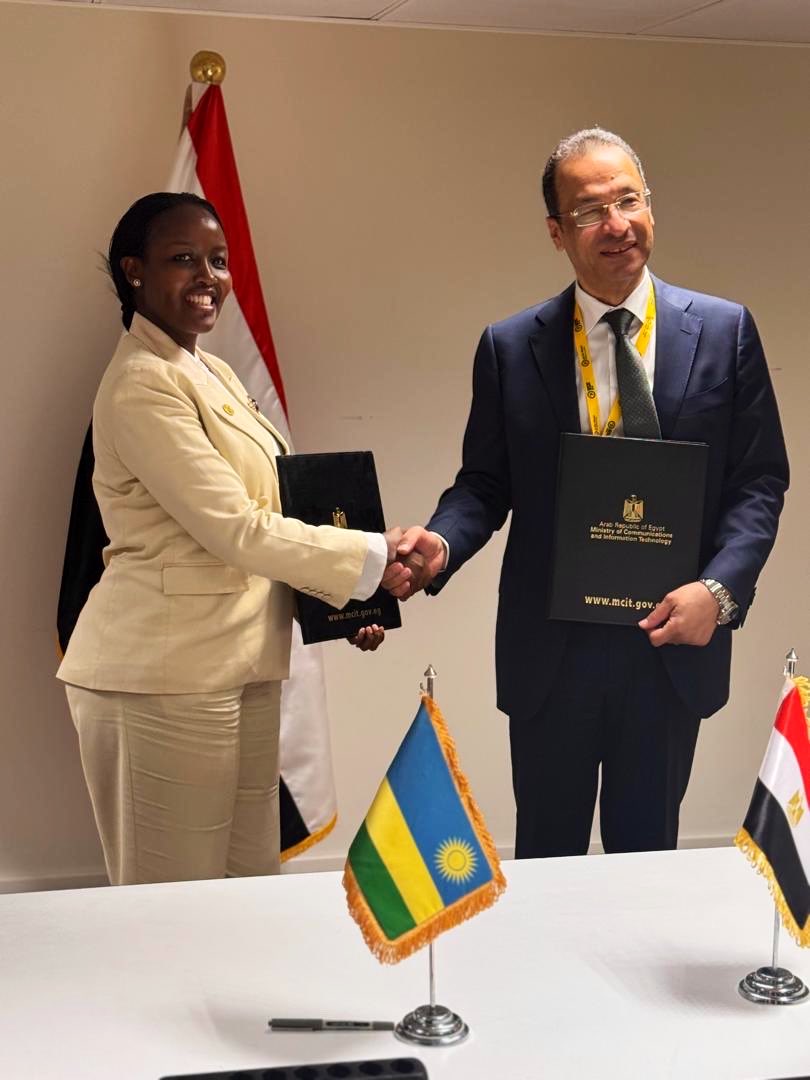 RwandaICT's tweet photo. On the sidelines of #WSIS, Rwanda and Egypt strengthened their partnership in digital transformation with the signing of a Memorandum of Understanding on Artificial Intelligence and Digitalization.

Signed by Hon. @MusoniPaula, and H.E. Rafaat Hendy @MCITEgypt, the MoU advances collaboration on responsible AI, digital government, innovation, and skills development for Africa's digital future. 🇷🇼🤝🇪🇬 #AI #DigitalTransformation