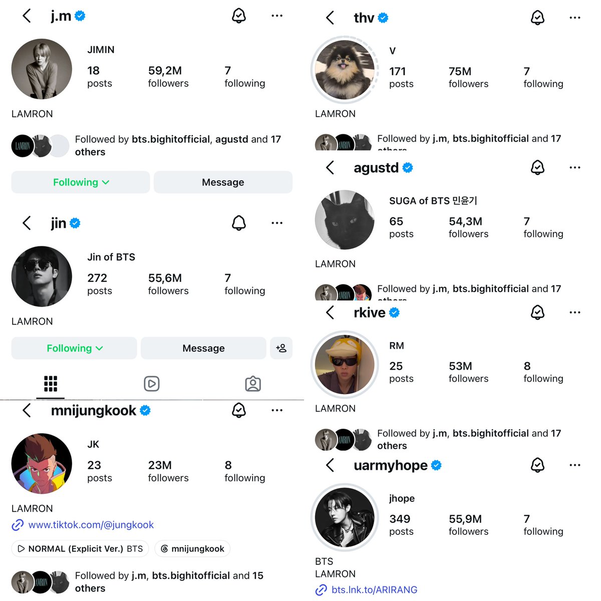 btschartsxdaily's tweet photo. [NEWS] All #BTS Members added “LAMRON” to their bio on their Instagram account 💜

#BTS_NORMAL https://t.co/D4uEc5cXn9