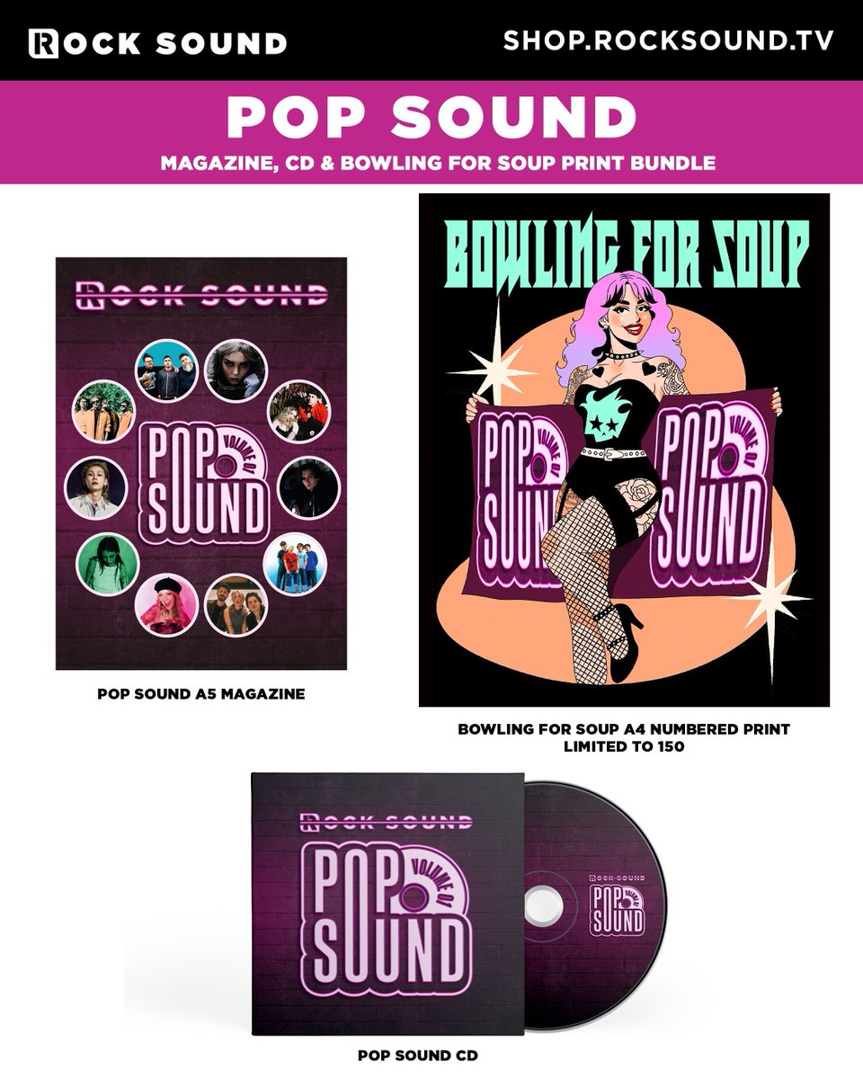 rocksound's tweet photo. To celebrate their cover version of Sabrina Carpenter’s ‘Please Please Please’, we have teamed up with Bowling For Soup, @bfsrocks, and @HECreative to put together this limited edition art print. Only 150 are available and you can only get them alongside our Pop Sound magazine and CD bundle. 

Order now at 👉 https://t.co/0r5tLRgdbY *

 *Available on the UK store only, USA customers are able to buy but without local shipping.