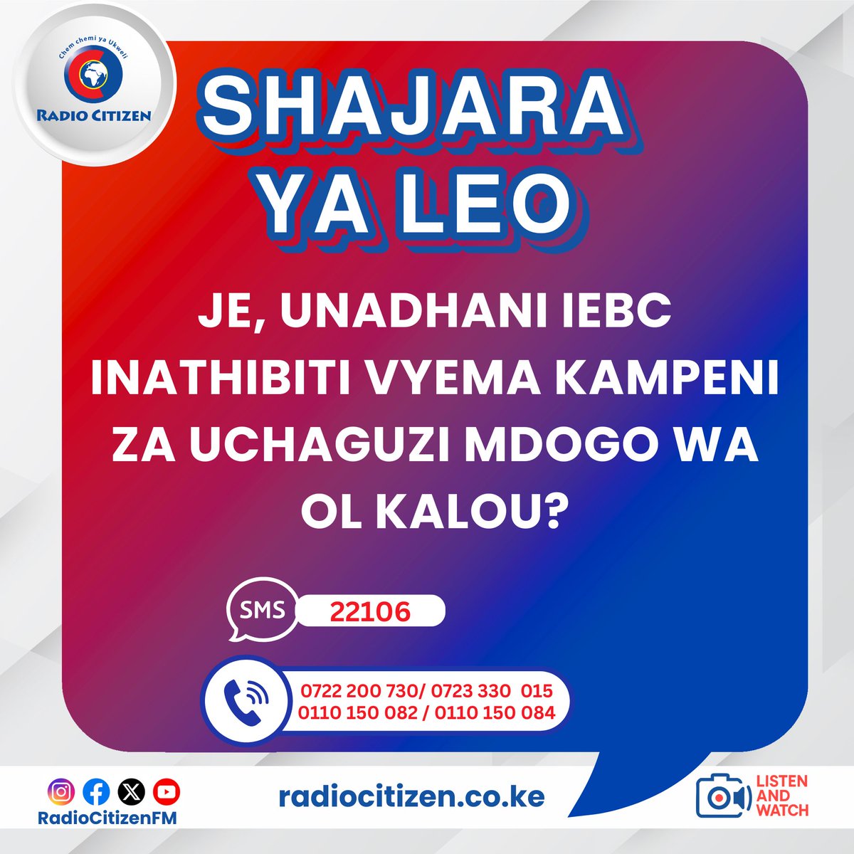 RadioCitizenFM's tweet photo. SHAJARA: Je, unadhani IEBC inathibiti vyema kampeni za uchaguzi mdogo wa Ol Kalou?

#JARIDA 
#SHAJARA 
#RadioNumberOne https://t.co/GYDLLT1BMU