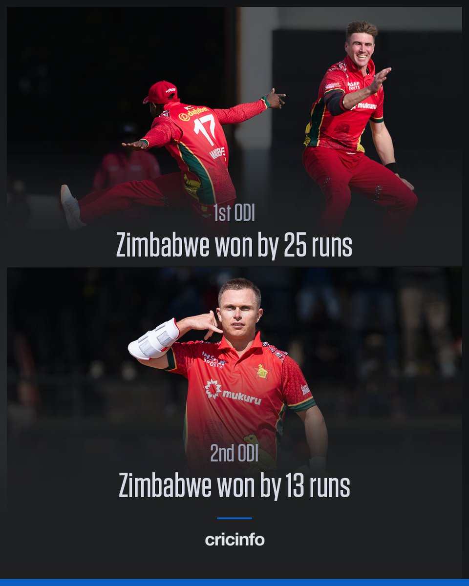 cricinfo's tweet photo. 1st ODI: Won after being bowled out for 141 
2nd ODI: Won after Bangladesh were 207-5 chasing 247 

A STUNNING SERIES WIN FOR ZIMBABWE! 🇿🇼 https://t.co/7Ef2qPj1zg