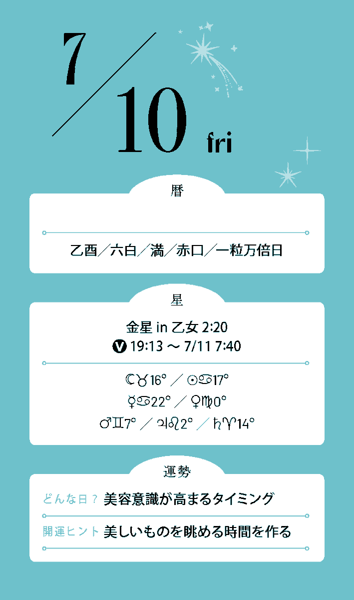 Mycalendar_st's tweet photo. #今日の運勢
7月10日💫

愛と美の星・金星が乙女座に入りましたね～
乙女の皆さまの魅力が輝くターン！
夜からはややロングなボイドです。
重要なことは早め早めで……

♈無理のない選択を優先して
♉居心地のいい場所でひと息
♊気を遣いすぎなくて大丈夫
♋心が落ち着く時間を大切に
♌安心できる人との時間が充実
♍心地よさを基準に選んで
♎自分のペースを守ろう
♏静かな時間がエネルギー補給に
♐焦らず落ち着く方向へ
♑守りたいものを大切にして
♒距離感を整えると安心
♓ほっとできる選択が運気アップ

＼ 占い雑誌『マイカレンダー』復刊号発売中 ／
▼詳細はこちら
https://t.co/SEyYnUCflu