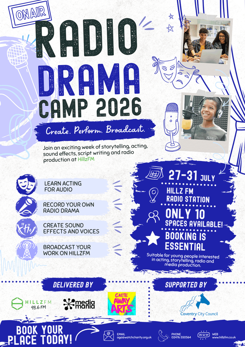 HillzFM's tweet photo. Limited spaces! For a week only! 27-31st July at Hillz FM! Join our Radio Drama camp in collaboration with Media Mania and Caste Away Arts, supported by Coventry City Council. Learn how to record audio, create sound effects and write your very own radio drama! https://t.co/ShWFCYg8nt