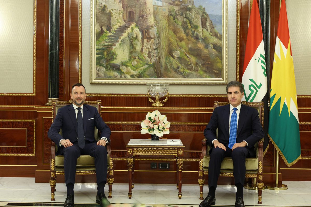 MediaKRP's tweet photo. President Nechirvan Barzani received Italy’s Ambassador to Iraq @niccoloffontana. Discussions focused on enhancing bilateral relations, expanding cooperation, and regional developments, including the Kurdistan Region’s internal situation and the President’s recent visit to Iran. https://t.co/YMWcmavVxM
