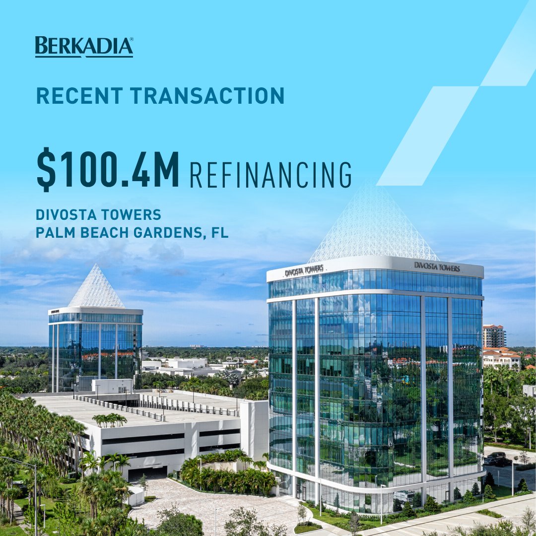 Berkadia's tweet photo. Berkadia arranged a $100.4M refinancing for DiVosta Towers, a fully leased Class A office campus in Palm Beach Gardens, FL, helping position the asset for continued success. https://t.co/UDoyrT8CgD