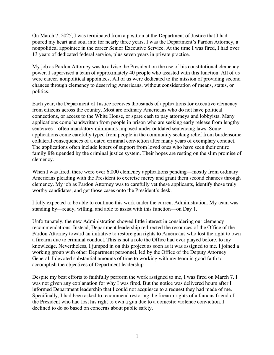 JudiciaryDems's tweet photo. Liz Oyer, the former Justice Department pardon attorney, worked directly with for Todd Blanche.

He fired her for doing her job and refusing to be a rubberstamp.

Take it from her. Todd Blanche should not be confirmed https://t.co/ut8DTFkJBR