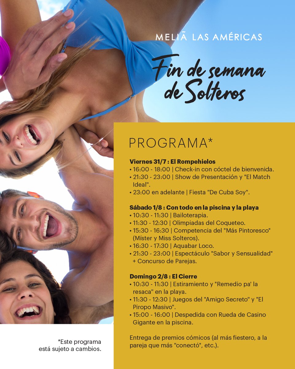 MeliaCuba's tweet photo. ¿Soltero/a y buscando buena química?
Del 31/7 al 2/8 tendremos un fin de semana para ti en Meliá Las Américas 😀
Mira detalles y reserva tu estancia en https://t.co/dbrijWr754
*𝐿𝑎 𝑝𝑎𝑟𝑡𝑖𝑐𝑖𝑝𝑎𝑐𝑖𝑜́𝑛 𝑛𝑜 𝑡𝑖𝑒𝑛𝑒 𝑐𝑜𝑠𝑡𝑜 𝑎𝑑𝑖𝑐𝑖𝑜𝑛𝑎𝑙. https://t.co/PNzJgcQTQB