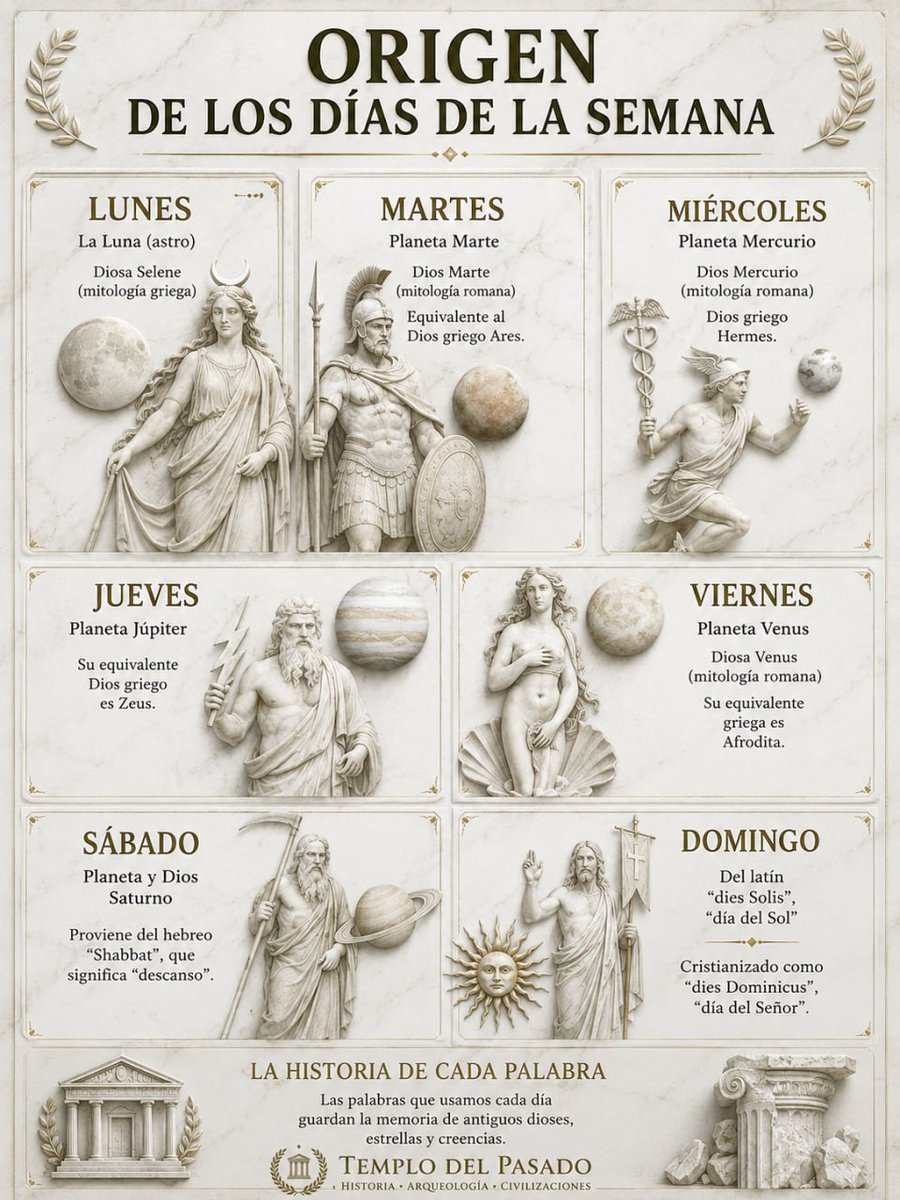 templodelpasado's tweet photo. ¿Por qué los días de la semana se llaman así? 📅🏛

Cada vez que decimos «lunes», «martes» o «jueves» estamos pronunciando nombres que nacieron hace casi dos mil años.

No son palabras elegidas al azar. Proceden del calendario romano, que dedicaba cada jornada a un astro y a la divinidad asociada con él. Con el paso de los siglos, esos nombres sobrevivieron a la caída del Imperio romano, a la expansión del cristianismo y a innumerables cambios culturales, hasta llegar prácticamente intactos a nuestro vocabulario.

☀️ Lunes recuerda a la Luna.
⚔️ Martes honra a Marte, dios de la guerra.
🪽 Miércoles procede de Mercurio, dios del comercio y de los viajeros.
⚡️ Jueves toma su nombre de Júpiter, el rey de los dioses.
❤️ Viernes está dedicado a Venus, diosa del amor y la belleza.
🪐 Sábado tiene un origen diferente. Procede del hebreo Shabbat, «día de descanso», que pasó al latín como sabbatum.
✝️ Domingo deriva del latín dies Dominicus, «día del Señor», sustituyendo al antiguo dies Solis, «día del Sol».

Detrás de algo tan cotidiano como el nombre de un día se esconden la mitología clásica, la astronomía, la religión y la evolución de las lenguas. Es una prueba de que el pasado sigue presente incluso en las palabras que pronunciamos sin detenernos a pensar en su origen.

💬 ¿Qué nombre de la semana te ha sorprendido más conocer?

#Historia #ImperioRomano #Mitología #CuriosidadesHistóricas #templodelpasado