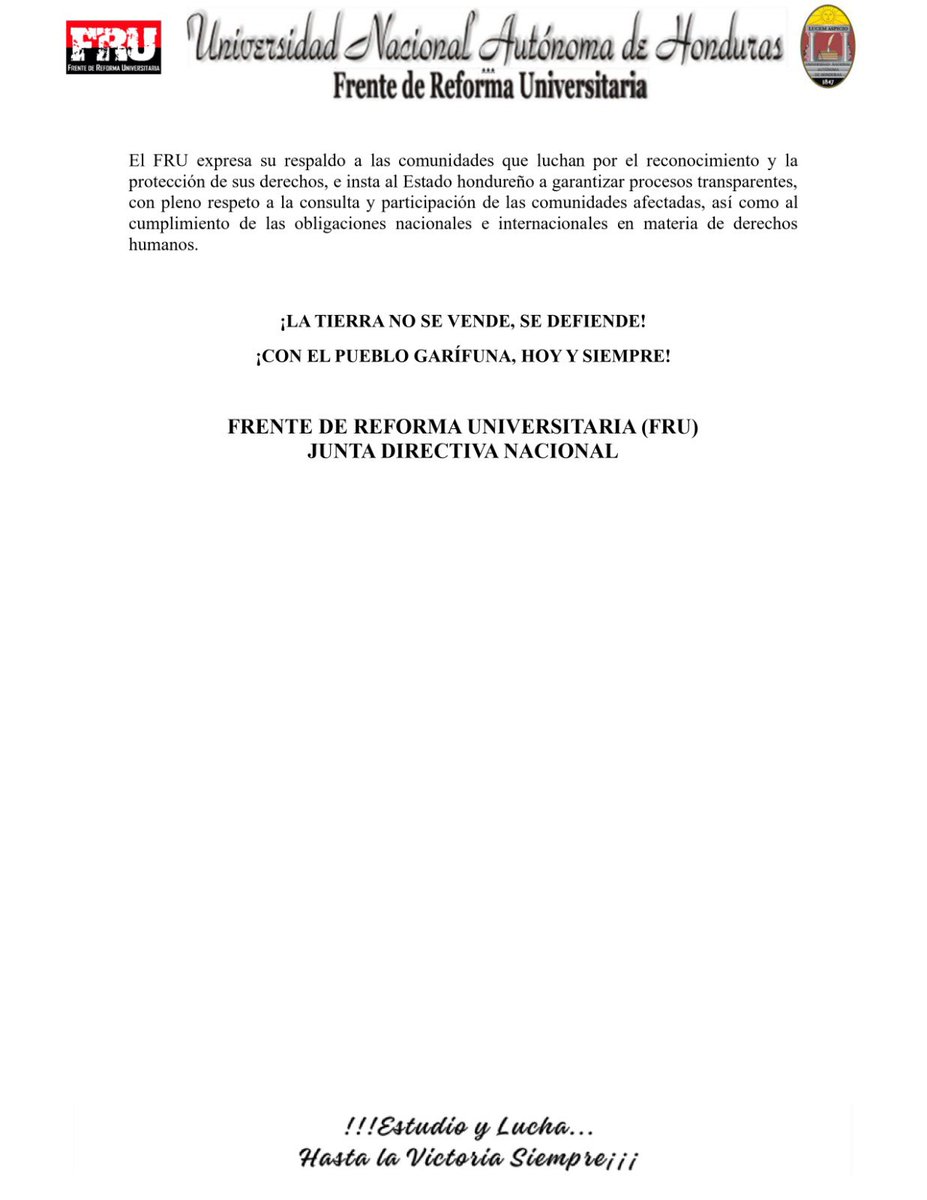 FRU1957's tweet photo. 🚨El FRU se pronuncia en defensa del pueblo garífuna.

Los territorios ancestrales no son una mercancía; son historia, identidad, cultura y un derecho que debe ser respetado. Desde el Frente de Reforma Universitaria expresamos nuestra solidaridad con las comunidades garífunas. https://t.co/S9aOKHmQWt