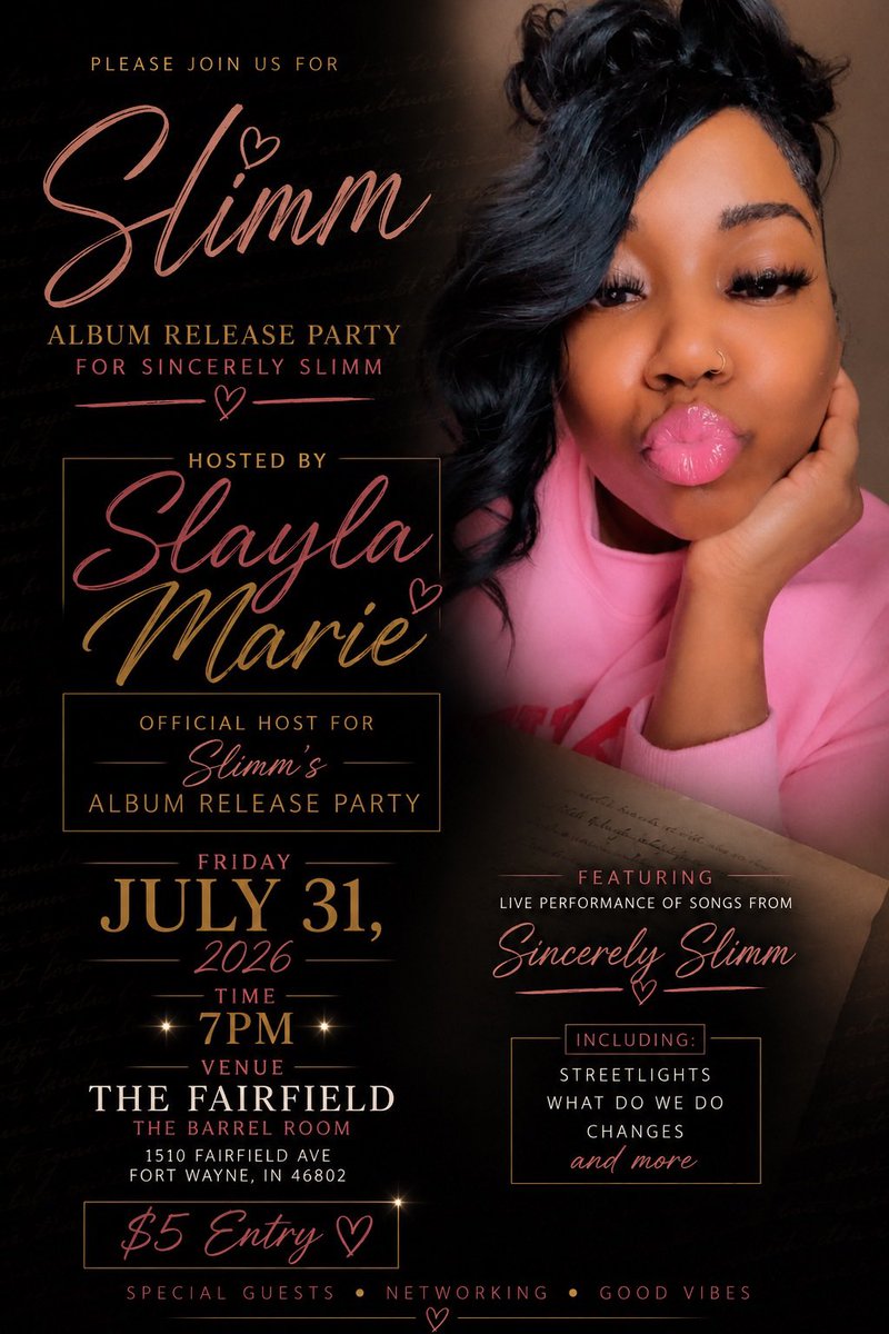 SlaylaMarie88's tweet photo. If u in the city pull up for some viiiibes! We have sooooo much amazing talent and I’m honored to Host Slimm’s Album Release Party! Pop out 🩷🩷🩷🩷🩷 #CaneShit https://t.co/a1kvbBEiv3