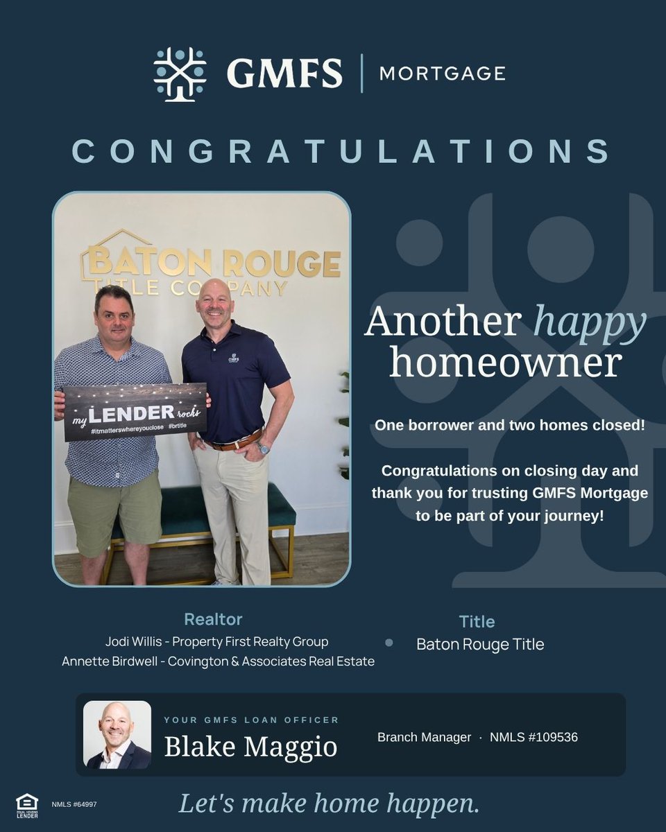 blakemaggio's tweet photo. ๐ก One borrower. Two homes. One great closing day!
Congratulations to my client, and thanks to Jodi Willis, Annette Birdwell, and Baton Rouge Title Company for a smooth transaction.
#ClosingDay #GMFSMortgage #LouisianaRealEstate #Homeownership #InvestmentProperty https://t.co/LHk8E1E7Zx