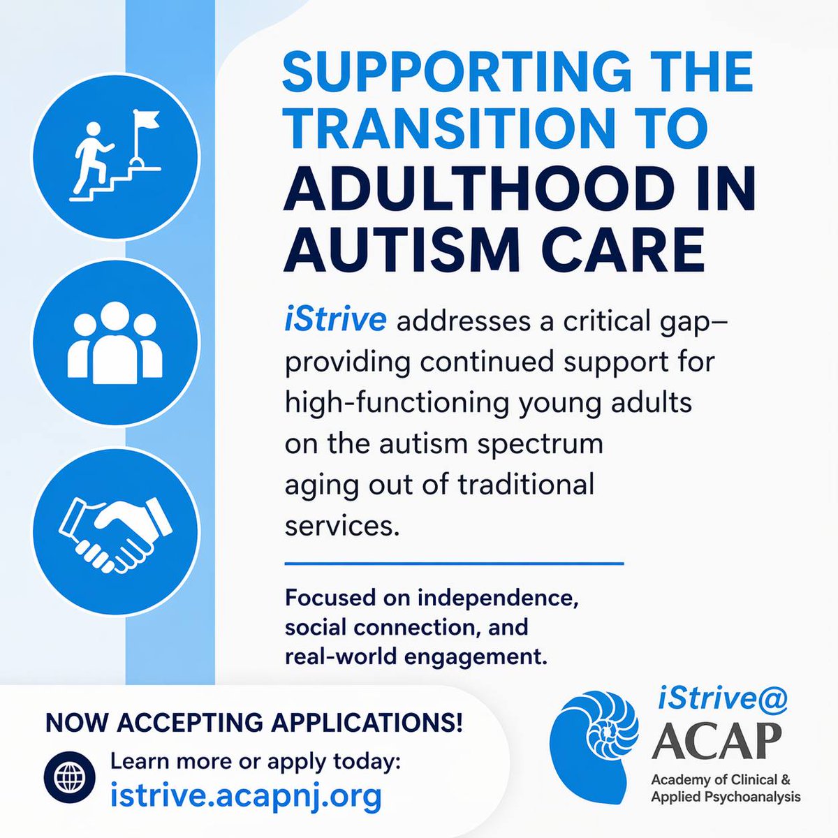 acapevents's tweet photo. Now accepting applications for iStrive @ ACAP.

Designed for young adults on the autism spectrum who are ready to build skills, gain independence, and thrive.

👉 Apply today: https://t.co/rFSkJEkMPL

#AutismPrograms #Neurodiversity #AutismSupport  #iStrive #weareacap https://t.co/z1R8bzXZjQ