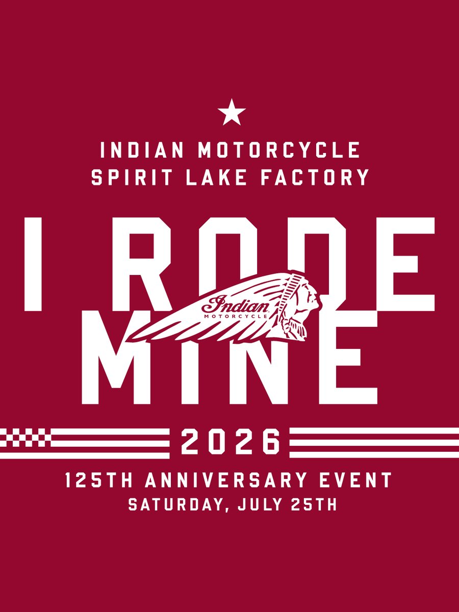 indianmotocycle's tweet photo. Every Indian Motorcycle has a story, and it starts in Spirit Lake, Iowa.

This July 25th, join us at the manufacturing home of Indian Motorcycle for the I Rode Mine special 125th Anniversary celebration featuring factory tours, demo rides, live entertainment, and a weekend dedicated to the riders who continue to carry our story forward.

Ride with us. Celebrate with us. See where it all comes together.

Visit https://t.co/PQKSq3bxHU for event details and registration.

#indianmotorcycle