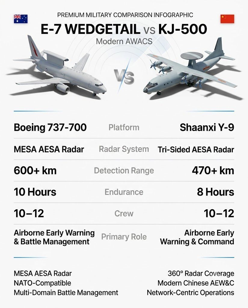 stat_strike's tweet photo. E-7 Wedgetail vs KJ-500 AWACS Comparison
Compare the E-7 Wedgetail and KJ-500 AWACS aircraft in radar range, airborne early warning, surveillance capability, command and control, military aviation, and modern airborne radar systems to see how these platforms compare.
#AWACS #E7Wedgetail #KJ500 #MilitaryAviation #RadarTechnology