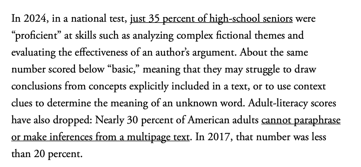 RichardHanania's tweet photo. I believe that the "end of reading" discourse is a moral panic.

The Atlantic reports that 35% of high school students are proficient in reading.

Sounds bad. But it gives no historical context.

In 1994, it was 36%. The numbers have basically been flat for decades. https://t.co/L5sTAdcqe2