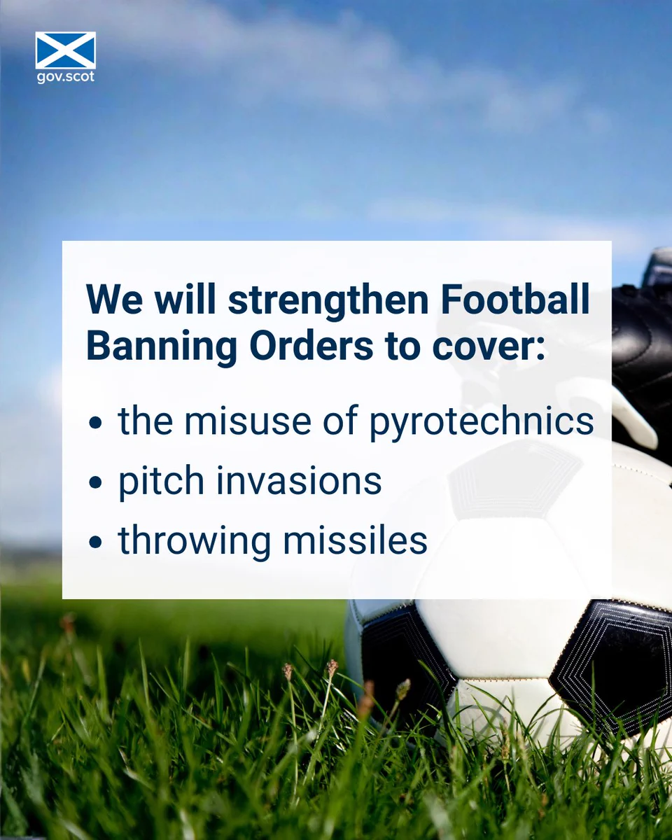 We will strengthen Football Banning Orders to cover:

• the misuse of pyrotechnics
• pitch invasions
• throwing missiles