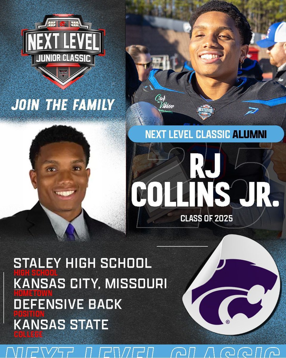 tygtalexpo's tweet photo. From the Next Level Junior Classic to the Big 12
RJ Collins Jr. is continuing his journey at Kansas State, bringing speed, versatility and playmaking ability to the Wildcats’ secondary.
Proud to see another NLC alum competing at the next level.
#NextLevelClassic #KStateFB #ScholarshipsOverStars