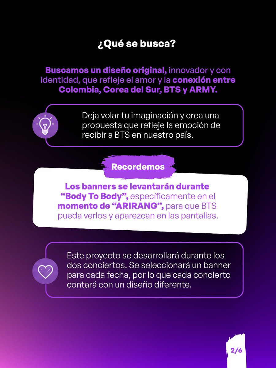 btsarmycol_'s tweet photo. 🇨🇴💜 ¡ARMY COLOMBIA!

Ya está abierta la convocatoria para diseñar el Banner Oficial que hará parte de los Fan Projects durante los conciertos de BTS en Colombia.

En este hilo encontrarás toda la información sobre la convocatoria. 👇

📄 Formulario:
https://t.co/lXNlwXewys https://t.co/o4JZnRgB3i