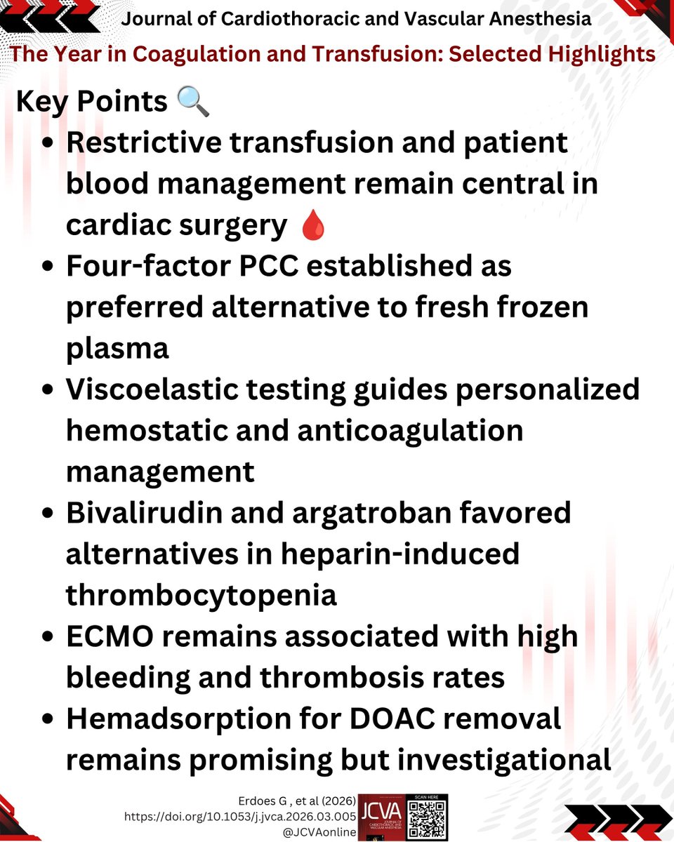 JCVAonline's tweet photo. The Year in Coagulation and Transfusion: Selected Highlights 
restrictive blood management, four-factor PCC over plasma, viscoelastic-guided therapy, and direct thrombin inhibitors for heparin-induced thrombocytopenia. 
 https://t.co/90yI3fEoDk https://t.co/sWNOdYX6yf