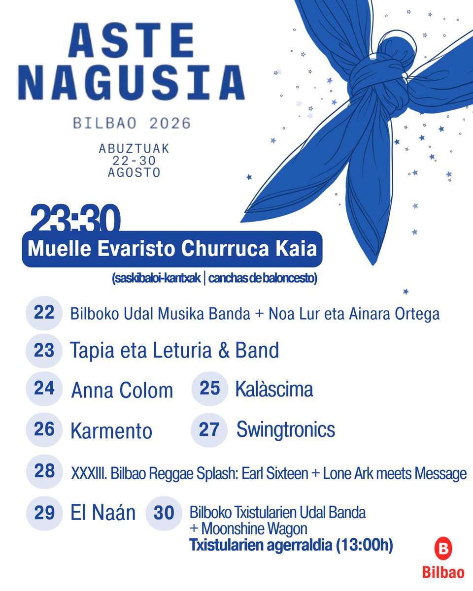 bilbao_jaiak's tweet photo. #AsteNagusia2026 🪗👩🏻‍🎤🎊 Los conciertos nocturnos y el tradicional Alarde de Txistularis previstos en la Plaza Nueva se trasladan al Muelle de Evaristo Churruca (canchas de baloncesto) https://t.co/vCpRfUKNV3