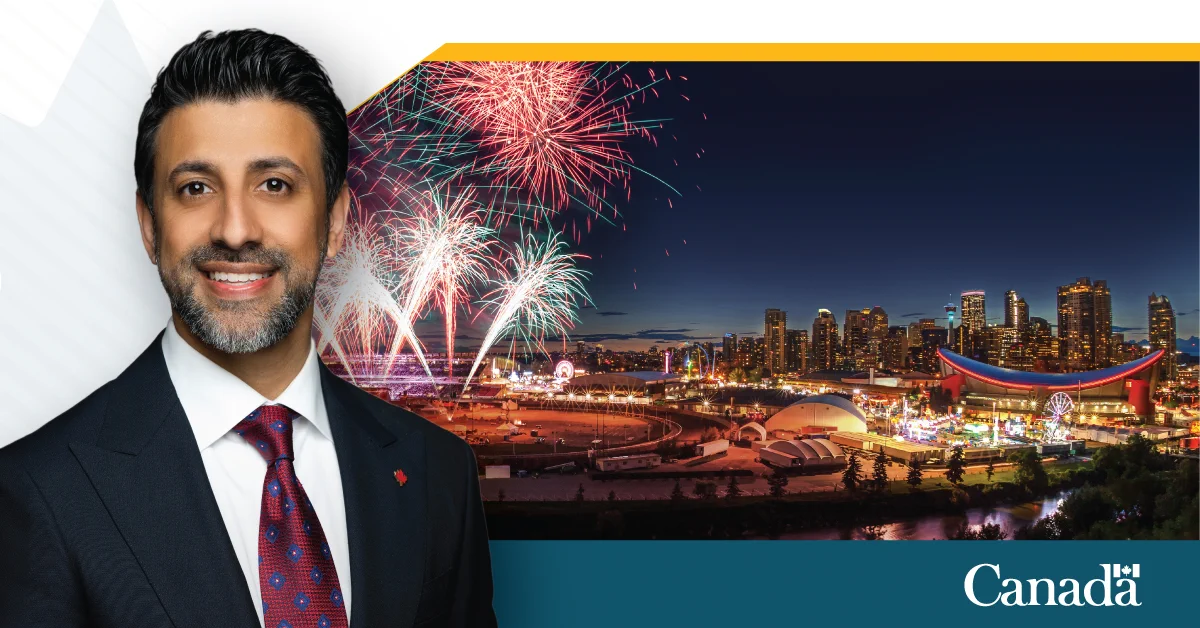 A portrait of Minister Sidhu is to the left of an image of Calgary at night. Fireworks and the Calgary Stampede feature prominently in the image.