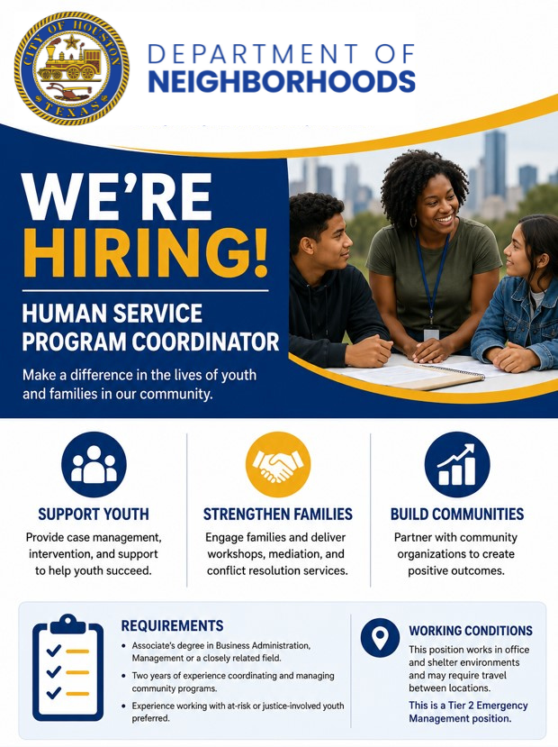 NeighborHOU's tweet photo. Join the City of Houston Department of Neighborhoods!

We're hiring a Human Service Program Coordinator to help support at-risk youth and families through case management, family outreach, workshops, and community engagement.

https://t.co/F85Pftyav6 https://t.co/iBDIqdwFaj