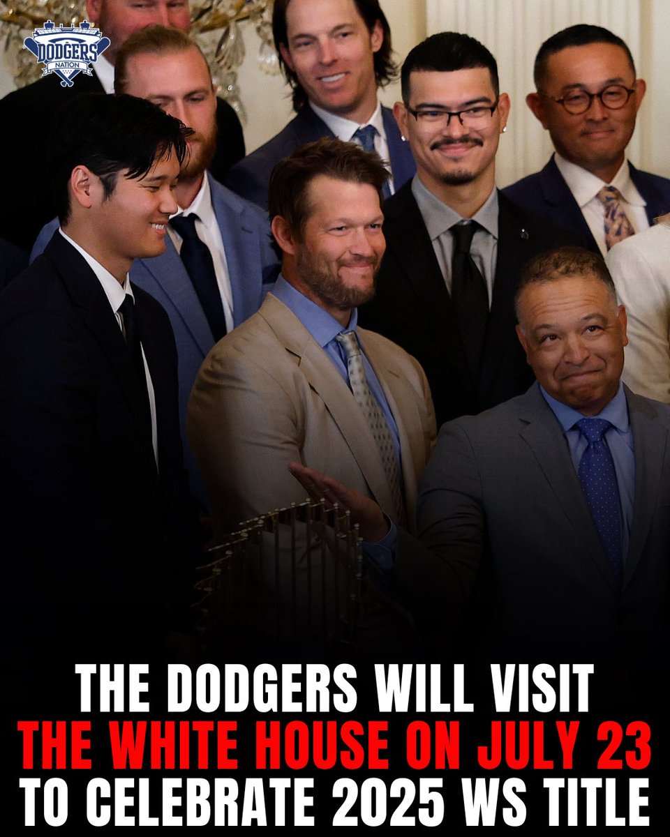 DodgersNation's tweet photo. The Dodgers will be visiting the White House on July 23 to celebrate their 2025 World Series title, according to @ByJackHarris 

LA wasn’t able to make it to the White House during their series vs the Nationals earlier in the season and re-scheduled. https://t.co/8qA7xZjTyw