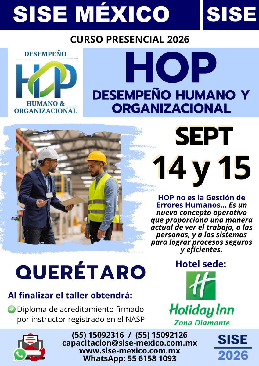 SISEMEXICO's tweet photo. HOP (Desempeño Humano y Organizacional), lo más actual en SSO en el mundo (Safety II) por fin en México... Quieres estar a la vanguardia del conocimiento en Seguridad, inscríbete a este increíble taller. #SISEMEXICO #HOP #SeguridadII #SafetyII #Seguridad2 #Actualidad #HOPTraining https://t.co/BUPdNC3eVK