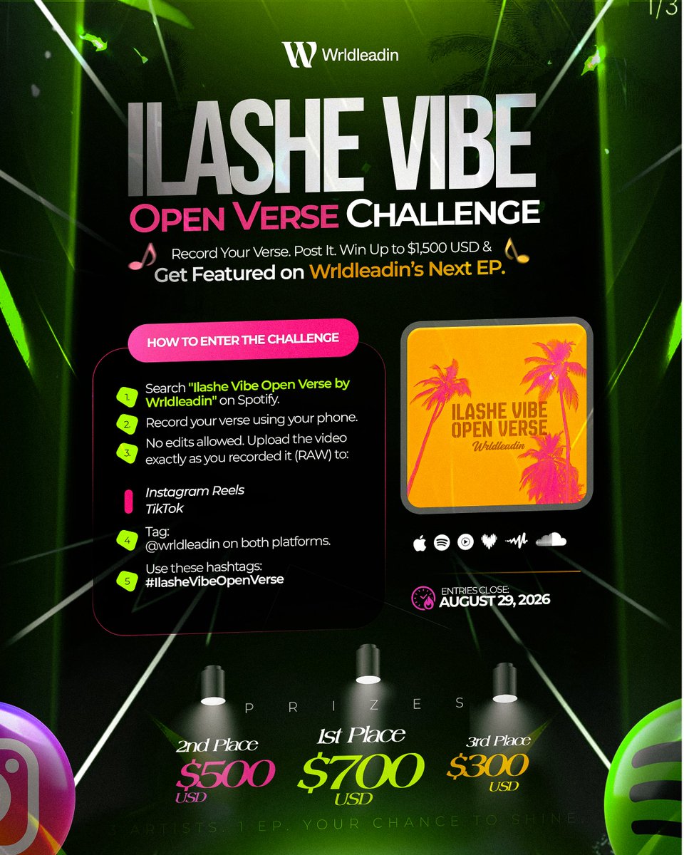 Aaliyah_Lillli's tweet photo. The #IlasheVibeOpenVerse Challenge is on!

Record your best verse over Ilashe Vibe, post the raw video on Instagram Reels or TikTok, tag @wrldleadin &amp; @SpotifyAfrica, and you could win up to $1,500, plus a feature on Wrldleadin’s next EP.

Entries close August 29, 2026. 🎤🔥 https://t.co/PfnIFvkjei