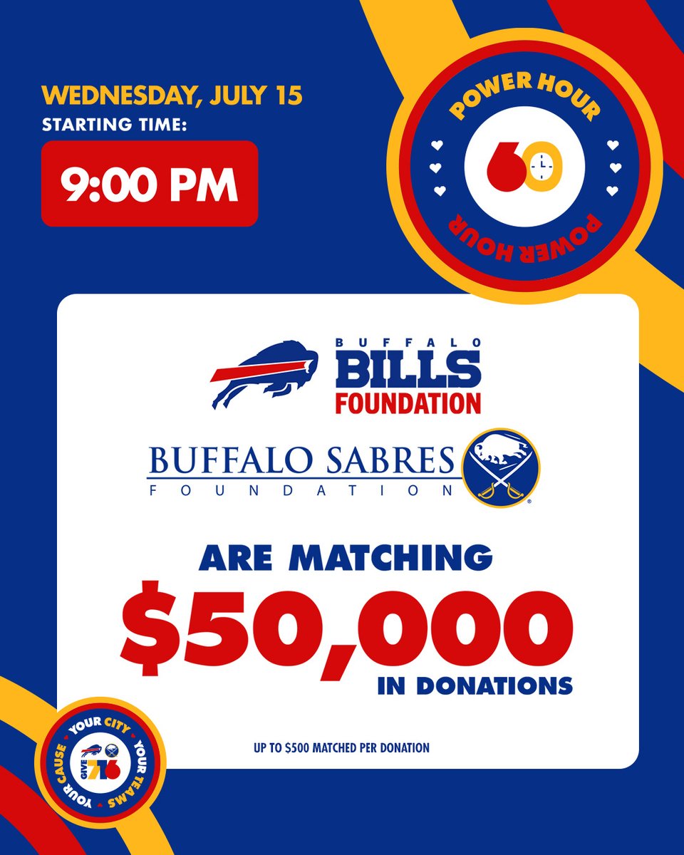 BuffaloBills's tweet photo. The Bills and Sabres Foundations are matching the first $50,000 in donations of Give 716!

Mark your calendar: https://t.co/BQxx8v3UBT https://t.co/svswpWPKR1