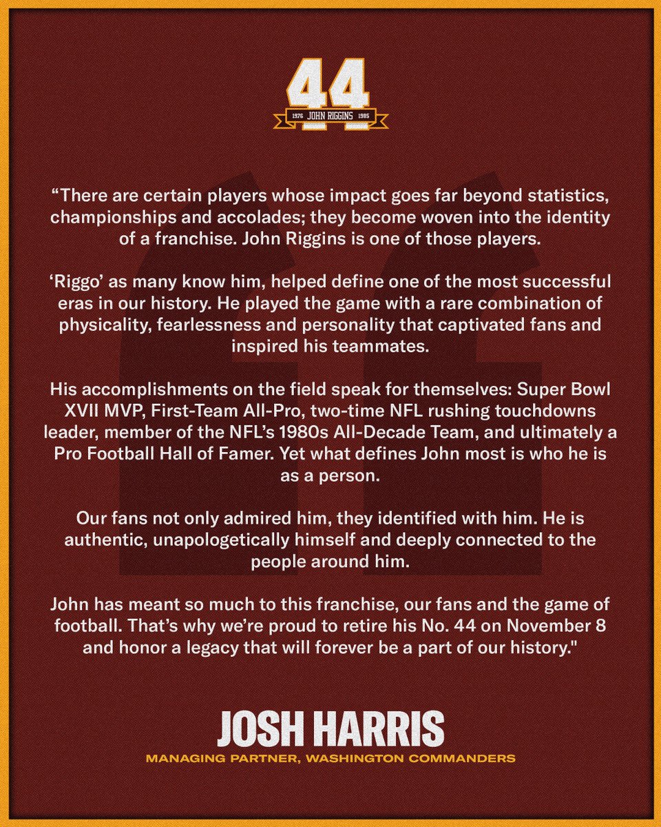 Commanders's tweet photo. Statement from Managing Partner Josh Harris on the retirement of John Riggins’ jersey number https://t.co/9ZSyBQMqX0