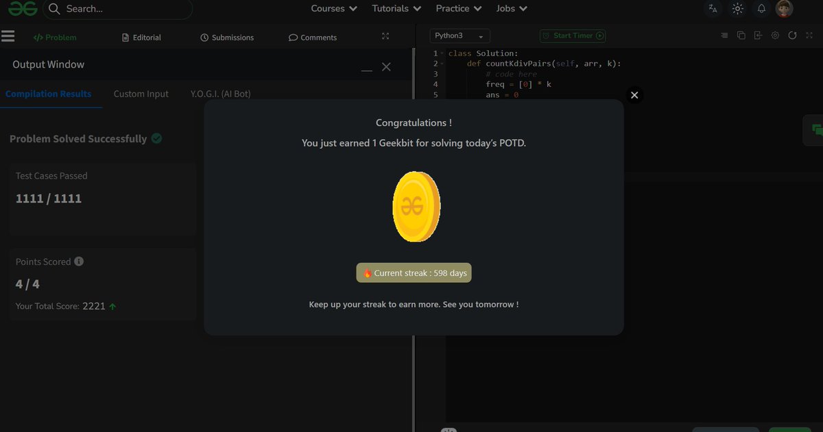 akashasahu07's tweet photo. Day - 598
Count Pairs Divisible By K Problem
Solved todayβs POTD β
Counted all pairs in the array whose sum is divisible by K using an efficient remainder-based approach β‘π»
#GeeksforGeeks #POTD #DSA #1000DaysOfCode #CodingJourney https://t.co/nP0URenjmb