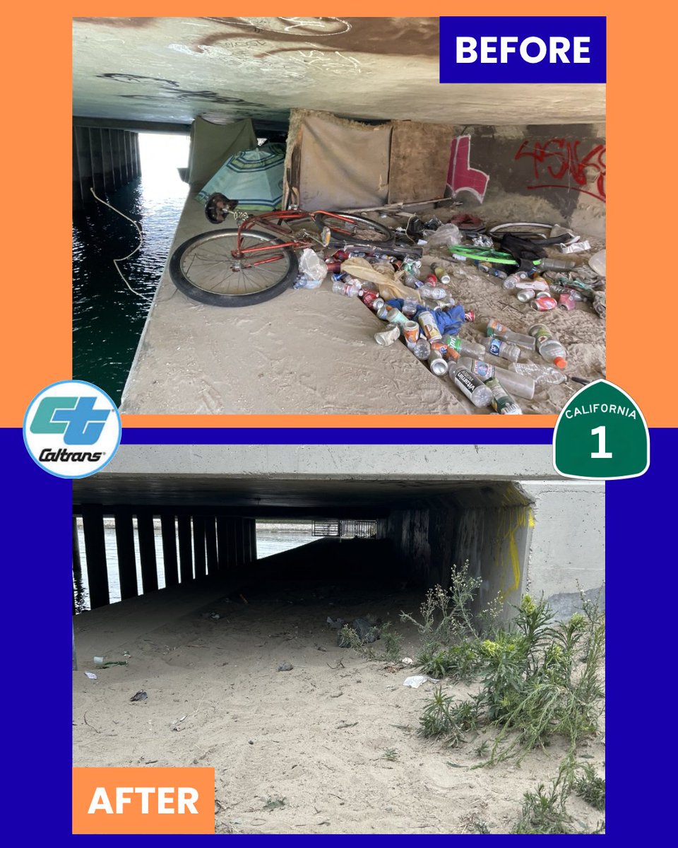 CaltransOC's tweet photo. Caltrans worked with our local partners to clean this encampment in Huntington Beach off of PCH at Talbert Bay. 5 cubic yards of trash &amp; debris were cleared, which could fill 2 full-sized pick-up trucks!
@CAgovernor @CA_Trans_Agency https://t.co/wXKBuj1oOr