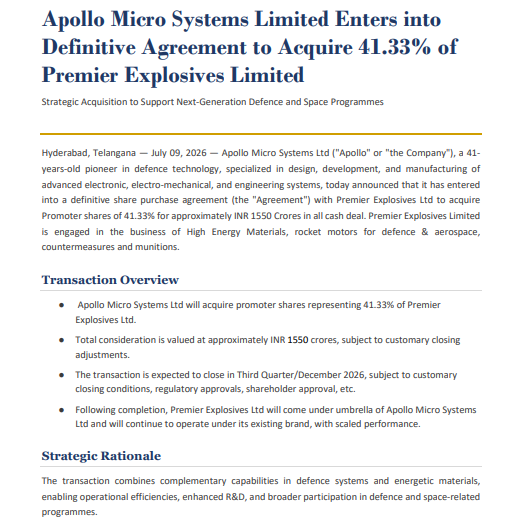 RohanTResearch's tweet photo. Apollo Micro Systems is making a strategic move up the defence value chain.

👉Apollo Micro Systems will acquire a 41.33% stake in Premier Explosives for ~₹1,550 Cr, subject to regulatory approvals.
👉Premier Explosives brings capabilities in:
  → High Energy Materials
  → Rocket Motors for Defence & Aerospace
  → Countermeasures & Ammunition

👉This complements Apollo's expertise in defence electronics, electro-mechanical systems and engineering solutions.
👉The acquisition strengthens Apollo's presence across multiple layers of the Defence Supercycle - combining electronics with energetic materials and propulsion, enabling deeper participation in next-generation missile, aerospace and space programmes.

👉This isn't just an acquisition - it's vertical integration across India's expanding defence ecosystem.
👉Follow @rohantresearch for more!! Bookmark for future reference.

Disclaimer: Not a buy/sell recommendation. Do your own due diligence.
#StocksToWatch #StocksInFocus #Investing