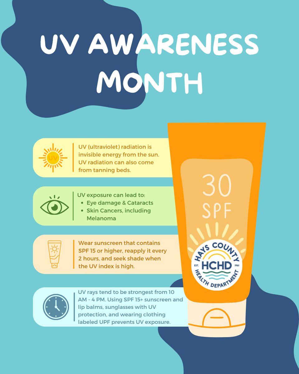 HaysCoHealth's tweet photo. UV is invisible; the damage isn't.
The HCHD recognizes July as UV Awareness Month. ☀️

Reduce UV damage:
🧴 Apply sunscreen that contains SPF 15+
🕙 Reapply sunscreen every 2 hours.
👒 Wear clothing labeled UPF
😎 Wear UV-blocking sunglasses
🔆 Seek shade when UV index is high https://t.co/5OurQs4COB