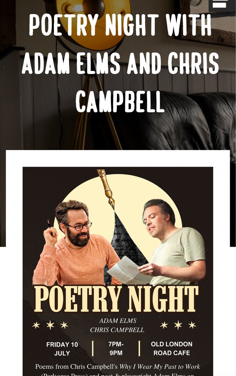 Citizen_Chris's tweet photo. Tomorrow night! 7pm-9pm, Old London Road Cafe in Kingston.

We’ll be sharing poems, chatting about our work, and there’ll be opportunity to take part in the open mic (DM me).

Tickets are still available online (link in comments), or come along on the night if you’re nearby! https://t.co/EIVvawC8NG