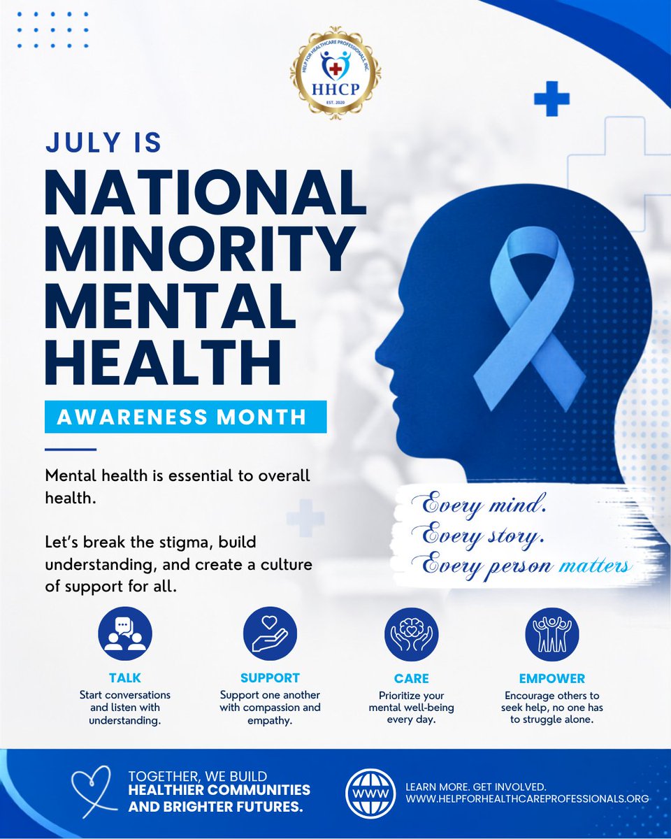 hhcpinc2's tweet photo. During National Minority Mental Health Awareness Month, we recognize that mental health is health. Everyone deserves to feel heard, supported, and connected to care. Together, we can build healthier communities.
https://t.co/VRiWrzK7CL 
#HHCP #MentalHealthMatters https://t.co/bqyOUGoiMr